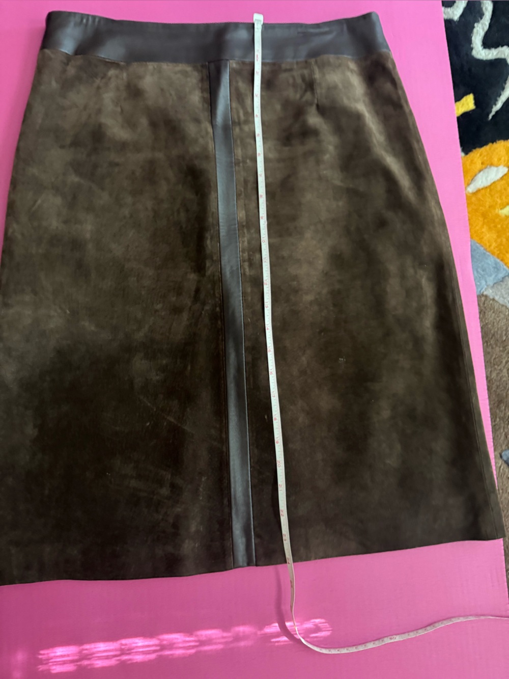 Margaret Godfrey Dark Brown Suede Pencil Skirt with Leather Trim